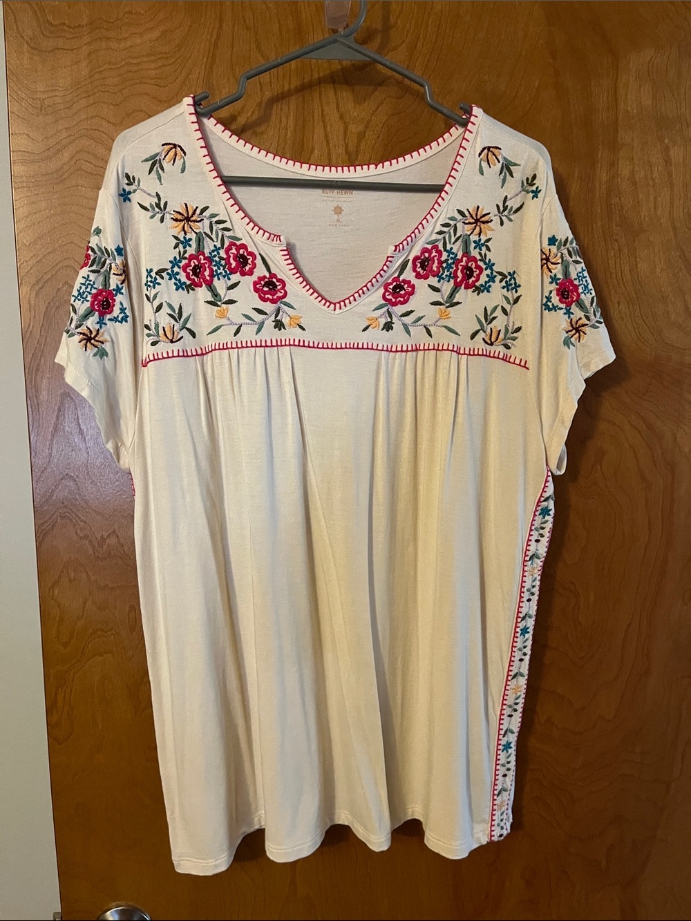Ruff Hewn Cream Tunic with Pink & Green Floral Embroidery